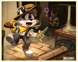 anthro biped bottle bottomwear chibi clothing container cross-eyed cute_fangs detailed_background duo fangs fur grey_body grey_fur hat headgear headwear humanoid_hands inside male open_mouth pants ruins sand shirt suspenders teeth topwear srfennec egyptian_mythology middle_eastern_mythology mythology anubis anubian_jackal canid canine canis deity jackal mammal procyonid raccoon 2021 hi_res