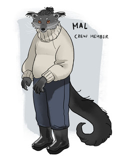 ambiguous_gender anthro boots bottomwear claws clothed clothing footwear fully_clothed fur grey_body grey_fur hair pants shoes snout solo standing sweater tail text topwear turtleneck whiskers starfleetrambo siren_and_scientist mal_(starfleetrambo) binturong mammal viverrid digital_media_(artwork) english_text