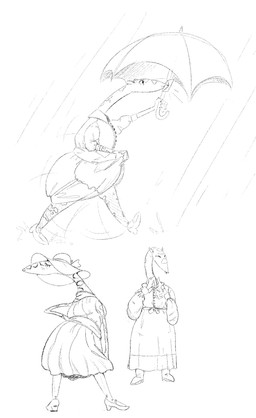 anthro clothed clothing clothing_lift dress dress_lift female group holding_object_in_mouth markings raining running trio umbrella daleks2377 humanoid quar absurd_res hi_res monochrome sketch_page