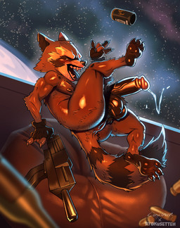 anthro anus balls big_balls big_penis bodily_fluids brown_body brown_fur brown_penis clothing erection facial_markings fingerless_gloves floating fluffy fluffy_tail fur genital_fluids genitals glans gloves gun handwear head_markings holding_gun holding_object holding_ranged_weapon holding_weapon humanoid_genitalia humanoid_penis male markings mask_(marking) multicolored_penis nude nude_anthro nude_male open_mouth penis pink_glans precum precum_string ranged_weapon science_fiction sharp_teeth small_but_hung solo space star striped_markings striped_tail stripes tail tail_markings teeth two_tone_penis vein veiny_penis weapon zero_gravity concosive ryokusetteh guardians_of_the_galaxy marvel rocket_raccoon mammal procyonid raccoon absurd_res artist_collaboration hi_res