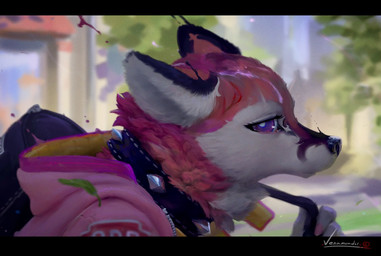 anthro backpack black_bars clothed clothing collar day ears_back eyelashes female fur holding_object hoodie leaf melting neck_tuft outside pink_body pink_fur pivoted_ears solo spiked_collar spikes topwear tuft white_body white_fur veramundis canid canine canis mammal wolf letterbox