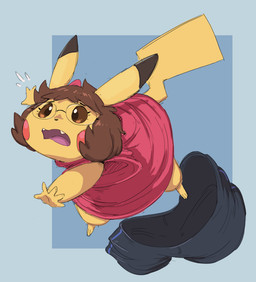 5_fingers ambiguous_gender bottomwear clothing eyewear fingers glasses open_mouth pink_clothing pink_shirt pink_topwear round_glasses shirt shorts shrinking simple_background size_transformation solo surprised topwear transformation yellow_body subakitsu nintendo pokemon generation_1_pokemon pikachu pokemon_(species) 2023 digital_media_(artwork)