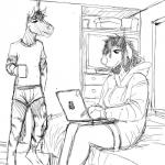 1:1 2019 anthro barefoot bed bedroom black_and_white canid canine canis clothing comic computer domestic_dog duo electronics equid equine eyes_closed feet female furniture hi_res hladilnik hoodie inside laptop male mammal michelle_(hladilnik) monochrome shirt sitting sketch standing topwear underwear will_(hladilnik) zebra
