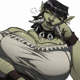 4_fingers arm_hair arm_support bangs bent_arm big_breasts black_collar black_eyebrows black_hair black_wristband body_hair breasts breath claws cleavage closed_smile clothed clothed_female clothed_humanoid clothing collar collarbone ear_piercing eyebrows eyelashes female finger_claws fingers green_body green_claws green_lips green_skin grey_teeth hair humanoid_pointy_ears leaning_on_elbow light lips looking_at_viewer medium_hair mouth_closed not_furry piercing pointy_ears shirt simple_background smile smiling_at_viewer solo teeth text topwear tusk_ring tusks white_background white_clothing white_shirt white_topwear yellow_eyes mskend_a humanoid troll_(mythology) 1:1 2024 artist_name colored digital_drawing_(artwork) digital_media_(artwork) english_description half-length_portrait hi_res lighting portrait shaded