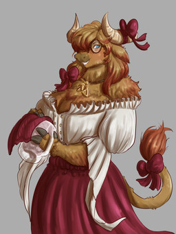 accessory anthro beer_glass blue_eyes bottomwear bow_on_horn bow_ribbon breasts brown_body brown_fur clothing curled_horn eyewear female fur furgonomics glasses grey_background grin hair holding_object horn jewelry looking_at_viewer multicolored_hair necklace red_bottomwear red_clothing red_skirt ribbons shirt simple_background skirt smile solo tail tail_accessory tail_bow tail_ribbon topwear white_clothing white_shirt white_topwear katsumodokat bovid bovine cattle mammal 2025 3:4 absurd_res hi_res