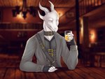 anthro bar belt beverage blind claws clothed clothing coat collar disability eyeless fingerless_gloves fully_clothed glass gloves handwear holding_object horn inside juice_(beverage) male orange_juice sitting solo topwear white_body len4ik555 mythology saren_(saren662) dragon mythological_creature mythological_scalie scalie 2021 4:3 digital_media_(artwork) hi_res