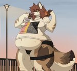 anthro belly belly_overhang belly_peeking_out belly_rolls big_belly big_butt brown_body brown_fur brown_hair bulge butt clothed clothing deep_navel fat_rolls femboy fur green_eyes hair huge_belly huge_moobs huge_thighs male navel obese obese_male overweight overweight_male pantsless plus-sized_femboy solo thick_thighs wide_hips thebestkino rory_(foulsbane) canid canine canis domestic_dog mammal hi_res