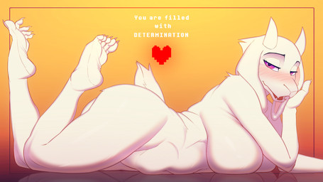 2_horns 5_toes anthro arched_back arm_support bedroom_eyes bent_arm bent_legs big_breasts big_iris black_eyebrows blush blush_lines breast_rest breasts butt calves_up claws curling_toes cute_fangs eyebrows eyelashes fangs feet feet_up female fingers floppy_ears folds foot_fetish forward_arm_support fur fur_tuft glistening glistening_eyes half-closed_eyes heart_symbol horn humanoid_feet legs_up lidded_eyes looking_at_viewer lying mature_anthro mature_female narrowed_eyes nude on_front open_mouth pink_claws plantigrade pose purple_eyes raised_eyebrows raised_tail reflection seductive shadow side_view simple_background slightly_chubby slightly_chubby_anthro slightly_chubby_female soles solo tail teeth text the_pose thick_thighs toe_claws toes tuft white_body white_fur white_horn yellow_background desertkaiju undertale undertale_(series) toriel boss_monster_(undertale) bovid caprine mammal 2022 digital_media_(artwork) english_text hi_res