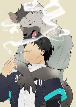 anthro cigarette clothing duo ear_piercing eyebrow_piercing facial_piercing fur grey_body grey_fur hair hug hugging_another hugging_from_behind male male/male piercing smoking smoking_cigarette tail topwear siva_inu24 arknights hypergryph studio_montagne doctor_(arknights) spot_(arknights) human hyena mammal spotted_hyena 2025 digital_media_(artwork) hi_res