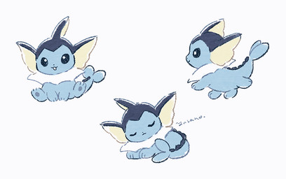 ambiguous_gender blue_body chibi eyes_closed feral happy open_mouth pawpads paws simple_background sitting sleeping solo tail walking yura_inaho nintendo pokemon eeveelution generation_1_pokemon pokemon_(species) vaporeon 2021 signature