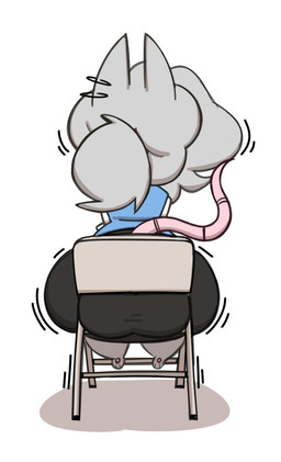 anthro barefoot big_butt black_bottomwear black_clothing black_skirt blue_clothing blue_topwear bottomwear bulging_butt butt butt_shadow chair clothing ear_piercing feet female fur furniture grey_body grey_fur grey_hair hair huge_butt pencil_skirt piercing ponytail rear_view shadow simple_background skirt solo tail through_chair topwear white_background white_clothing white_topwear maddeku elisa_(maddeku) fancy_rat mammal murid murine rat rodent