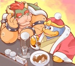 2_horns anthro bar blush bodily_fluids clothing condiment crush diner duo food furniture gloves hair handwear hat headgear headwear horn lovesick male male/male napkin nervous_sweat pitcher red_hair restaurant robe shell simple_background slightly_chubby smile sweat table water garouzuki kirby_(series) mario_bros nintendo bowser king_dedede avian bird koopa penguin reptile scalie