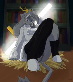anthro antlers backlighting bangs bent_legs bookshelf breasts clothing dream_breaker_(pseudoregalia) female footwear frown fur furniture glowing grey_body hand_on_head hay horn legwear light long_ears looking_at_viewer low-angle_view oversized_clothing panties rim_lighting shadow sitting socks solo sweater thigh_highs topwear underwear bunpicker pseudoregalia sybil_(pseudoregalia) bovid caprine goat hybrid lagomorph leporid mammal rabbit 2025 cel_shading colored hi_res lighting shaded