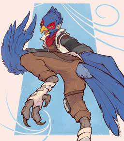 anthro avian_butt beak blue_body blue_feathers bottomwear claws clothed clothed_anthro clothing feathers feet jacket male male_anthro pants solo tail tail_feathers talons toes topwear uniform wings daarclaw nintendo star_fox star_fox_(2026) falco_lombardi avian bird absurd_res hi_res