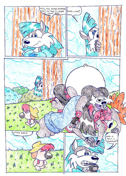 anthro belly blue_hair clothing female group hair male outside overweight shirt speech_bubble text topwear virus-20 wendy_wolf_(virus-20) canid canine canis domestic_dog mammal wolf 2008 comic english_text