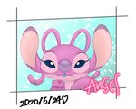 4_fingers air_kiss antennae_(anatomy) autograph blue_eyes character_signature eyelashes fingers heart_symbol looking_at_viewer multicolored_antennae pawpads pink_antennae pink_body purple_nose purple_pawpads solo two_tone_antennae mayoooon_626 disney lilo_and_stitch angel_(lilo_and_stitch) alien experiment_(lilo_and_stitch) 2020