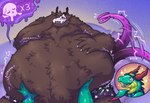 ambiguous_gender anthro belly_rub blush bone digestion duo first_person_view flustered looking_at_viewer musclegut muscular onomatopoeia oral_vore rumbling_stomach skull skull_head sound_effects tail tail_motion tailwag text vore weight_gain demoncyborg nowe monster reptile scalie snake hi_res