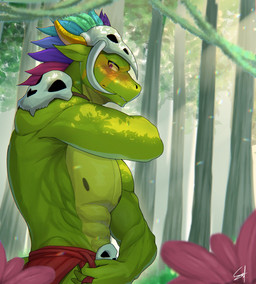 anthro blush bone bone_mask bottomwear clothing feathers forest green_body green_scales jungle loincloth male mask muscular muscular_male plant red_eyes scales skull skull_mask solo tree yellow_sclera sentakunan terraria shimmered_witch_doctor witch_doctor_(terraria) lihzahrd lizard reptile scalie hi_res