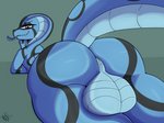 anthro arm_support backsack balls big_balls black_body black_tail blue_balls blue_body blue_butt blue_perineum blue_scales blue_tail blue_tongue butt genitals half-closed_eyes huge_balls looking_at_viewer lying male multicolored_tail narrowed_eyes on_front perineum pupils scales snake_hood solo tail tongue tongue_out not_safe_for_reality pal_(not_safe_for_reality) cobra reptile scalie snake signature