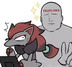 ambiguous_gender anthro black_body black_fur bodily_fluids duo fur grey_body grey_fur looking_back male open_mouth red_body red_fur sweat svkhaiminh nintendo pokemon generation_5_pokemon human mammal pokemon_(species) zoroark hi_res