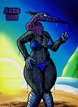 anthro beach beak bikini blue_bikini blue_clothing blue_swimwear breasts clothing eyewear female front_view glasses long_neck navel non-mammal_breasts non-mammal_navel solo swimwear two-piece_swimsuit ares360 ari_(lindwormduality) avian bird heron pelecaniform absurd_res hi_res