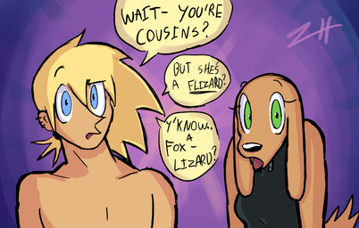 anthro black_clothing black_swimwear blonde_hair blue_eyes brown_body brown_fur clothing color_coded color_coded_speech_bubble confusion dialogue duo ear_piercing ear_ring female fur green_eyes hair long_ears male multiple_ear_piercings multiple_ear_ring open_mouth piercing ponytail question red_insides ring_piercing speech_bubble swimwear biscotti5000 jane_(biscotti5000) sam_(biscotti5000) canid canine canis domestic_dog human mammal hi_res