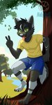 anthro blue_bottomwear blue_clothing blue_shorts bottomwear bulge claws clothing forest fur gesture green_eyes grey_body grey_fur hand_gesture leaf looking_at_viewer male paws plant river shirt shorts solo tail topwear tree v_sign white_body white_fur yellow_clothing yellow_shirt yellow_topwear netiscraft canid canine canis mammal wolf 1:2 hi_res