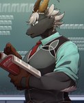 anthro black_body black_fur book book_title chalkboard clothing eyewear fur glasses gloves hair handwear horn information_board male necktie repeated_text solo title topwear vest white_hair ponzu_tas lifewonders tokyo_afterschool_summoners tanngrisnir_(tas) bovid caprine goat mammal hi_res