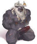 abdominal_scar abs anthro arm_scar balls barazoku beard biceps big_pecs black_body black_fur bodily_fluids braided braided_hair chest_scar chest_tuft deltoids facial_hair facial_piercing facial_scar feathers fur genital_fluids genitals hair hand_behind_back horn horn_jewelry horn_ring humanoid_genitalia humanoid_penis jewelry kneeling leg_scar looking_at_viewer male mature_male muscular muscular_anthro muscular_male navel nipple_piercing nipples nose_piercing nose_ring pecs penis piercing precum pubes purple_eyes quads ring_(jewelry) ring_piercing scar simple_background smile snout snout_scar solo tuft vein veiny_penis white_hair diangun harb_freton bovid bovine cattle mammal 2023 absurd_res hi_res signature