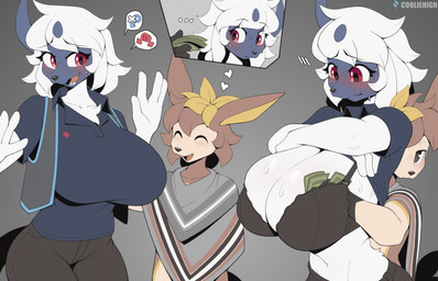 animal_ears anthro big_breasts biped blush bodily_fluids bottomwear bra breasts brown_body clothed clothing clothing_lift duo eyelashes female fur glistening hair huge_breasts infidelity male male/female money money_in_bra monotone_body multicolored_body offering_money orientation_play pants prostitution pupils red_eyes shadow shirt shirt_lift simple_background stated_homosexuality stated_sexuality sweat sweaty_breasts tail text thick_thighs topwear underwear white_body wide_hips cooliehigh nintendo pokemon absol deerling generation_3_pokemon generation_5_pokemon pokemon_(species) winter_deerling 2026 hi_res