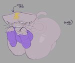 anthro big_butt black_nose bottomless bra butt cheese clothed clothing dairy_products ear_piercing fangs food fur gesture hand_gesture huge_butt huge_thighs kneeling long_tail male one_eye_closed piercing purple_clothing purple_sweater purple_topwear sitting solo sweater tail teeth text thick_thighs topwear underwear v_sign whiskers white_body white_ears white_fur white_tail tuggg tika_(tuggg) domestic_cat felid feline felis mammal english_text