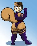 anthro armwear big_breasts big_butt blue_background breasts brown_body brown_eyes brown_fur brown_hair buckteeth butt clothed clothing cosplay elbow_gloves female fur gloves hair handwear legwear leotard looking_at_viewer looking_back open_mouth purple_clothing rear_view simple_background solo standing teeth thick_thighs thigh_highs tongue wide_hipped_female wide_hips someth1ngoranother marvel nickelodeon spongebob_squarepants x-men psylocke sandy_cheeks mammal rodent sciurid tree_squirrel crossover hi_res