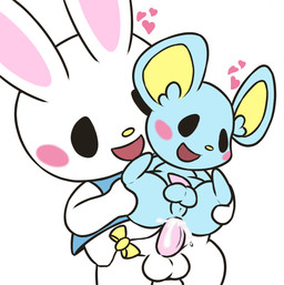 accessory anal anal_penetration anthro balls blue_body blush bodily_fluids bottomless bow_ribbon clothed clothing cum cum_in_ass cum_inside duo furgonomics genital_fluids genitals heart_symbol male male/male male_anthro male_penetrated male_penetrating male_penetrating_male penetration penile penile_penetration penis penis_in_ass ribbons sex simple_background size_difference smaller_penetrated stand_and_carry_position standing standing_sex tail tail_accessory tail_bow tail_ribbon tapering_penis white_background white_body mincheeto onegai_my_melody sanrio flat_(sanrio) rhythm_(sanrio) lagomorph leporid mammal murid murine rabbit rodent hi_res