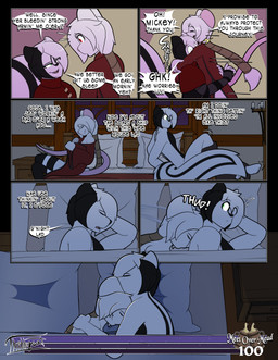 anthro asian_clothing bed black_body black_fur black_hair braided_hair chinese_clothing clothing convenient_censorship cuddling dialogue duo east_asian_clothing evening fur furniture green_eyes hair hug legwear male male/male red_eyes stockings text undressing white_body white_fur white_hair thibbycat mickey_(thibbycat) xin_(thibbycat) mammal mephitid mouse murid murine rodent skunk comic english_text hi_res multiple_scenes signature