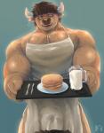 anthro apron balls biped blue_eyes bodily_fluids bottle brown_body brown_fur brown_hair bulge clothing container cutlery food fork fur genitals hair horn kitchen_utensils knife male milk muscular muscular_anthro muscular_male open_mouth open_smile pancake simple_background smile solo sweat tools tray vein m7 bovid bovine cattle mammal