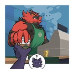 2024 absurd_res anthro apron apron_only big_muscles biped black_body black_fur canid canine canis clothing duo fur generation_7_pokemon green_eyes hi_res incineroar looking_at_viewer male mammal muscular muscular_anthro muscular_male ni_draw nintendo pecs pokemon pokemon_(species) purple_body purple_fur red_body red_fur wolf yellow_sclera