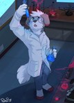 4_toes 5_fingers anthro blue_bottomwear blue_clothing blue_eyes blue_pants bottomwear cheek_tuft clothed clothing coat eyewear facial_tuft feet fingers fur glasses glistening glistening_eyes goggles grey_body grey_ears grey_fur hair inside lab_coat laboratory laboratory_equipment laboratory_glassware male neck_tuft no_shoes open_mouth pants raised_arm red_hair safety_glasses scientific_experiment scientific_instrument scientist short_hair solo standing test_tube text toes topwear tuft white_body white_clothing white_coat white_fur white_hair white_topwear pache_riggs canid canine canis domestic_dog mammal absurd_res artist_name full-length_portrait hi_res portrait signature