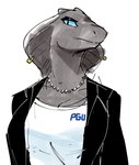 anthro black_clothing black_topwear blue_sclera breasts clothed clothed_anthro clothed_female clothing female front_view furgonomics furry-specific_piercing grey_body jewelry mouth_closed narrowed_eyes necklace non-mammal_breasts piercing pupils shirt simple_background slit_pupils snake_hood snake_hood_piercing solo topwear white_background white_clothing white_shirt white_topwear conditional_dnp sonokido cobra reptile scalie snake 2025 half-length_portrait hi_res portrait