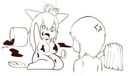 ahoge anthro bandage big_breasts bodily_fluids breasts cleaning_tool cross-popping_vein eyebrow_through_hair eyebrows female fur hair humor mop open_mouth simple_background tears translucent translucent_hair vein white_background wounded tailzkim hanul canid canine canis domestic_dog human husky mammal nordic_sled_dog spitz