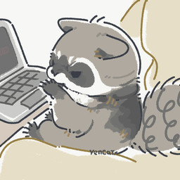 angry black_eyes black_nose chibi computer dot_eyes electronics feral grey_body simple_eyes sitting solo white_body yencatx mammal procyonid raccoon 1:1 2022