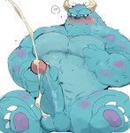 anthro balls barazoku big_penis blue_body blue_fur blush bodily_fluids cum ejaculation fur genital_fluids genitals horn humanoid_genitalia humanoid_penis male masturbation muscular muscular_anthro muscular_male nude penile penile_masturbation penis solo hyaku_(artist) disney monsters_inc pixar sulley monster