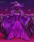 anthro black_cape black_clothing black_dress blush breasts cape cleavage clothed clothing costume dress female glistening glistening_clothing hair halloween_costume hat headgear headwear holding_cape holding_clothing holding_object holidays long_dress long_hair magic_user purple_cape purple_clothing purple_dress satin satin_cape satin_dress solo spread_legs spreading witch witch_costume witch_hat chazzychanz halloween canid canine fennec_fox fox mammal true_fox 4:5 absurd_res hi_res