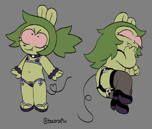 3_toes 4_fingers after_sex anthro bikini bikini_aside bikini_bottom biped butt camel_toe choker clothed clothing clothing_aside fangs feet female fingers flat_chested fur genitals gesture green_body green_fur green_hair hair jewelry legwear line_tail long_hair lying navel necklace nipple_outline no_irises on_side pink_sclera ponytail simple_background skimpy smile snaggle_tooth solo standing swimwear swimwear_aside tail tail_gesture tail_heart teeth thigh_highs thin_tail toes toony toony_eyes topless two-piece_swimsuit vulva young teebsly cartoon_network ok_k.o.!_let's_be_heroes fink_(ok_k.o.!_lbh) mammal mouse murid murine rodent 2019