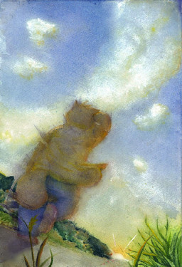 anthro biped bottomwear brown_body clothing cloud detailed_background kemono pants shirt solo sun topwear walking wandaba morenatsu kounosuke_kuri canid canine mammal raccoon_dog tanuki 2011