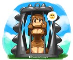 anthro big_breasts breasts brown_clothing brown_dress brown_eyes brown_hair cage clothing cloud dress duo emoji female grass hair plant sky skyscape solo minus8 kirby_(series) kirby_and_the_forgotten_land nintendo humanoid waddle_dee hi_res