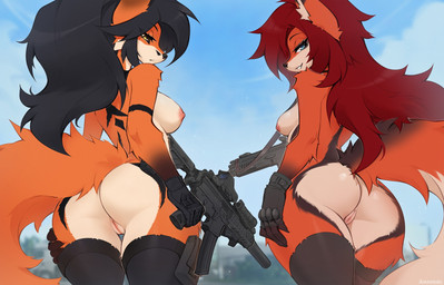 5_fingers anthro areola biped breasts butt clothing cloud day duo female fingers fur genitals gun hair holding_gun holding_object holding_ranged_weapon holding_weapon looking_at_viewer mostly_nude mostly_nude_anthro mostly_nude_female nipples outside ranged_weapon rear_view sky smile standing tail vulva weapon amarihel cassie_(amarihel) canid canine fox mammal 2025 digital_drawing_(artwork) digital_media_(artwork) hi_res
