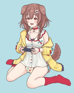 accessory armband blush bodily_fluids bone_shaped_hairpin braided_hair brown_eyes clothed clothing collar colored_nails controller diaper dog_tail fangs female footwear gaming genital_fluids hair hair_accessory hairpin jacket looking_offscreen mischievous_smile nails open_mouth peeing sitting socks solo teeth topwear unclean_diaper urine used_diaper wearing_diaper wet_diaper wetting wetting_diaper floofnfluff hololive vtuber inugami_korone animal_humanoid canid canid_humanoid canine canine_humanoid dog_humanoid humanoid mammal mammal_humanoid absurd_res hi_res