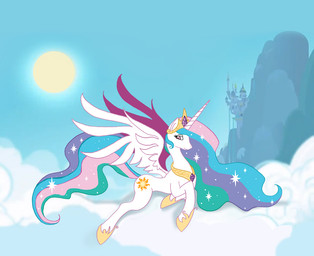 armor castle cloud crown detailed_background feathered_wings feathers female feral hair headgear horn multicolored_hair outside purple_eyes quadruped rainbow_hair sky skyscape solo sun tail toony white_body white_feathers wings unknown_artist friendship_is_magic hasbro my_little_pony mythology princess_celestia_(mlp) equid equine mammal mythological_creature mythological_equine winged_unicorn