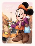 anthro black_nose blush clothing eiffel_tower female food footwear gloves handwear hat headgear headwear one_eye_closed open_mouth open_smile plant scarf smile solo text tongue tree vehicle wink sh_disney disney minnie_mouse mammal mouse murid murine rodent 2020 english_text hi_res