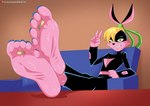 5_fingers 5_toes anthro barefoot feet female fingers foot_fetish foot_focus fur green_eyes humanoid_feet pink_body pink_fur plantigrade ponytail_ears soles solo toes the_dark_mangaka loonatics_unleashed looney_tunes warner_brothers lexi_bunny lagomorph leporid mammal rabbit 2021